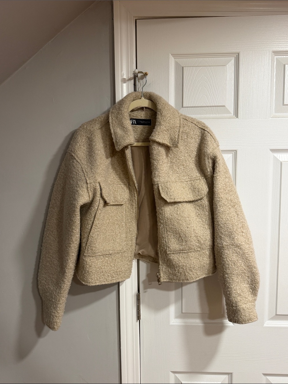 Zara Beige Teddy Bouclé Cropped Jacket